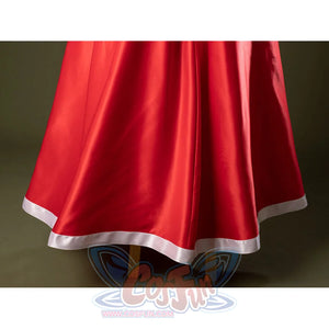 Close-up of Charlie Morningstar prom dress hem with flared red satin skirt, white trim and smooth finish