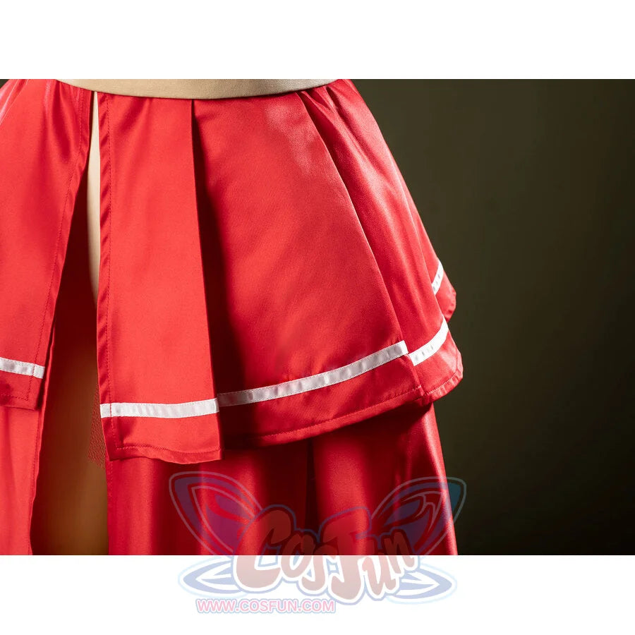 Close-up of Charlie Morningstar prom dress overskirt panel with layered red satin, white trim and soft drape