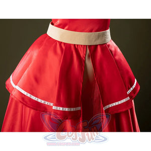 Detail of Charlie Morningstar prom dress overskirt waist with layered red panels, white trim and beige waistband