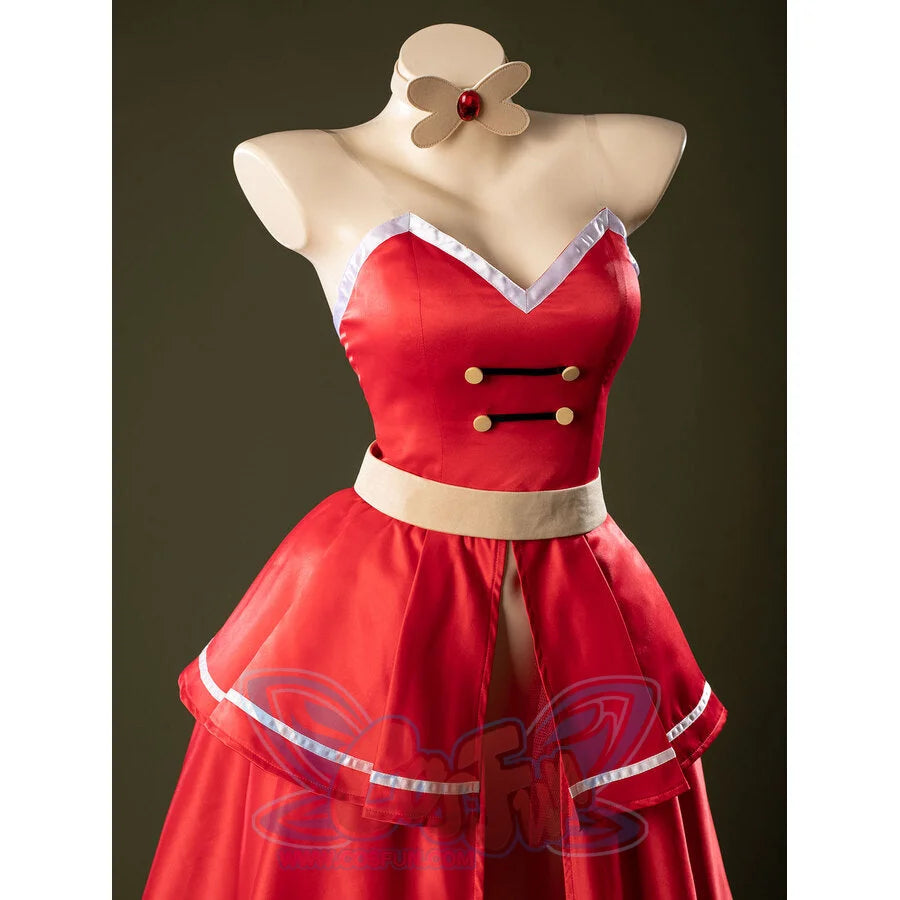 Close-up of Charlie Morningstar prom dress bodice with sweetheart neckline, white trim, gold buttons and red satin