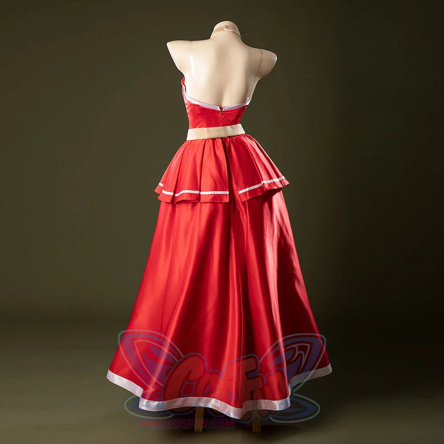 Back view of Charlie Morningstar prom dress cosplay costume with open back, zipper closure and layered red skirt