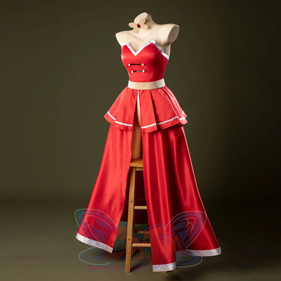 Three-quarter view of Charlie Morningstar prom dress cosplay costume with red satin panels, white trim and beige waist band