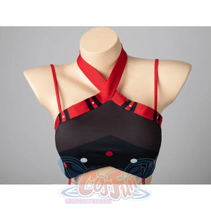 Hazbin Hotel Husk cosplay bikini top close-up crosses red neck ties over black paneled cups.