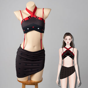 COSFUN Hazbin Hotel Husk cosplay monokini layers red halter straps over a black top and wrap skirt.