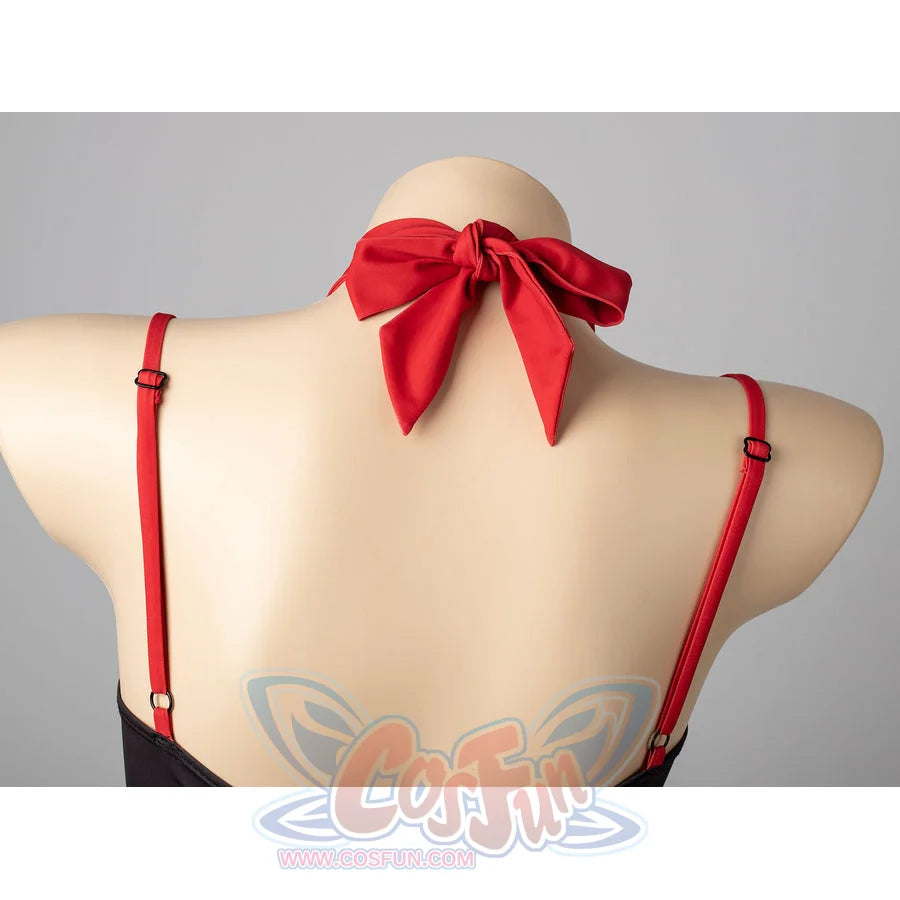 Hazbin Hotel Husk cosplay swimsuit bow close-up centers red neck ties between slim shoulder straps.