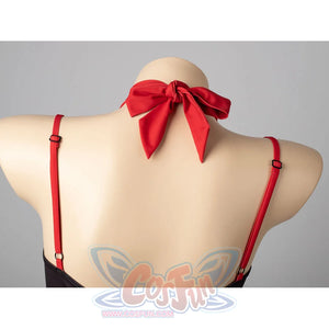 Hazbin Hotel Husk cosplay swimsuit bow close-up centers red neck ties between slim shoulder straps.