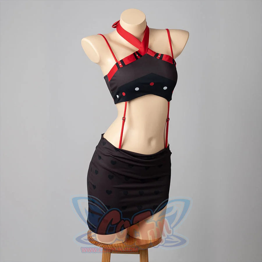 Hazbin Hotel Husk cosplay swimsuit angled front view sets red ties above a black skirted silhouette.