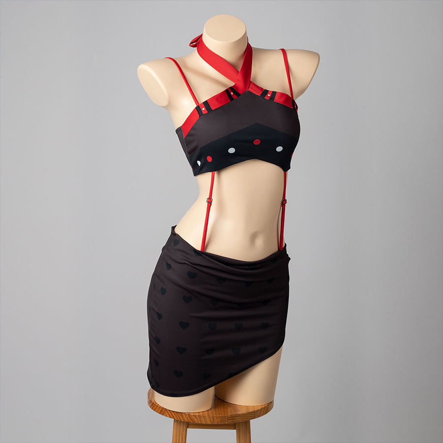 Hazbin Hotel Husk cosplay swimsuit angled front view sets red ties above a black skirted silhouette.