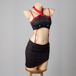 Hazbin Hotel Husk cosplay swimsuit angled front view sets red ties above a black skirted silhouette.