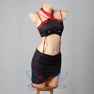 Hazbin Hotel Husk cosplay swimsuit angled front view sets red ties above a black skirted silhouette.