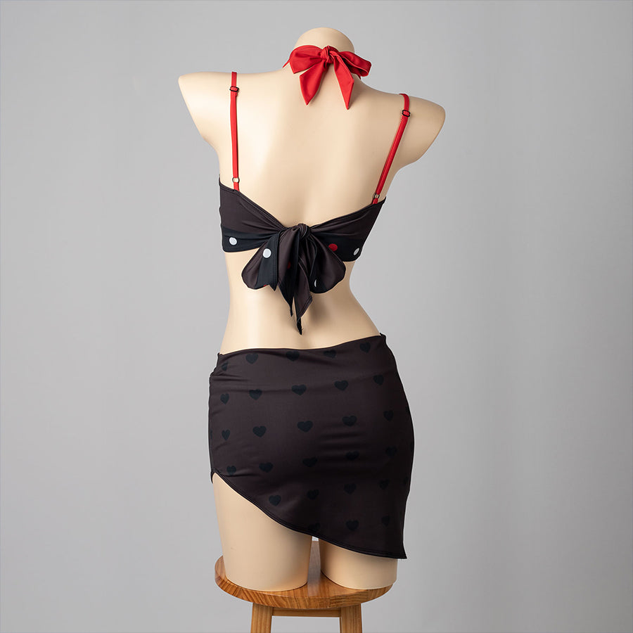 Hazbin Hotel Husk cosplay swimsuit back view ties a red neck bow above black skirted bottoms.