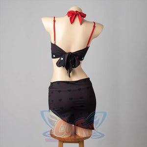 Hazbin Hotel Husk cosplay swimsuit back view ties a red neck bow above black skirted bottoms.