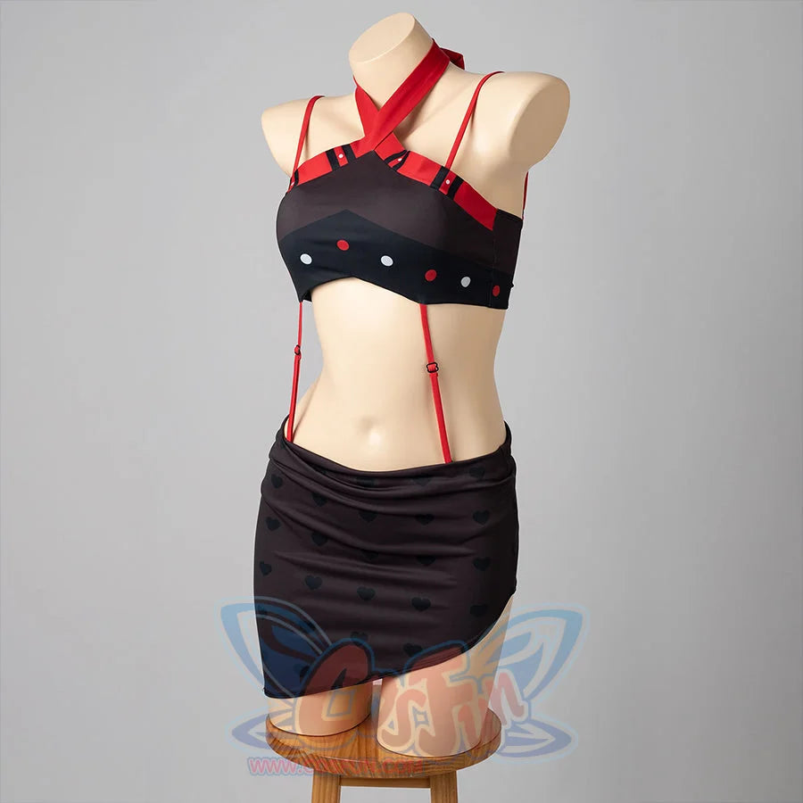 Hazbin Hotel Husk cosplay swimsuit angled view frames red waist straps beside the wrapped skirt.