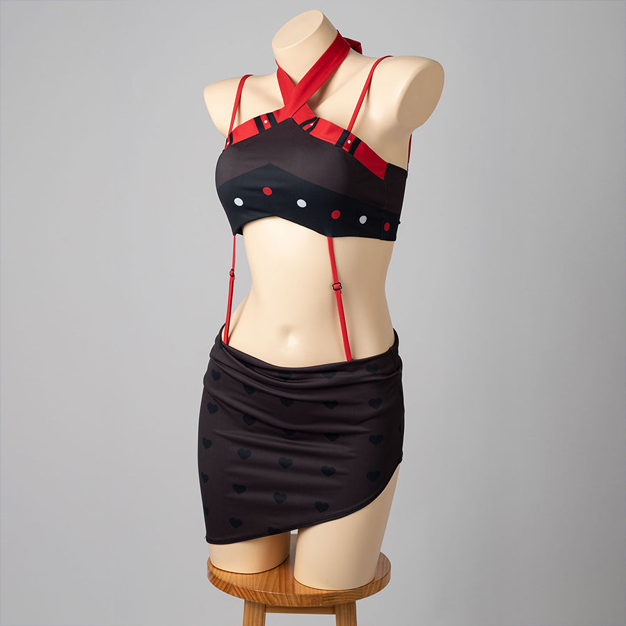 Hazbin Hotel Husk cosplay swimsuit angled view frames red waist straps beside the wrapped skirt.