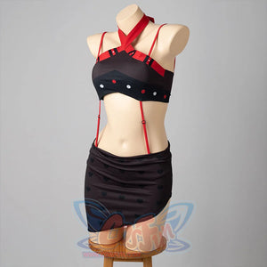 Hazbin Hotel Husk cosplay swimsuit angled view frames red waist straps beside the wrapped skirt.