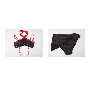 Hazbin Hotel Husk cosplay swimsuit flat lay pairs the red-tied bikini top beside skirted bottoms.