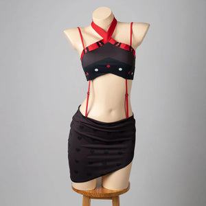 COSFUN Hazbin Hotel Husk cosplay swimsuit front view layers red cross straps over a black skirt wrap.