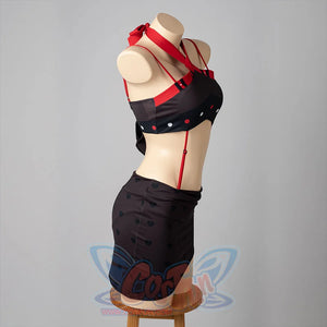 Hazbin Hotel Husk cosplay swimsuit side view arcs red shoulder straps above the black wrapped skirt.
