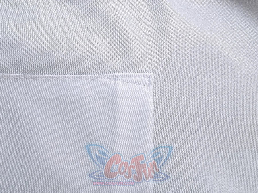 Hellsing Alucard cosplay shirt traces topstitched patch pocket across white textured fabric section.