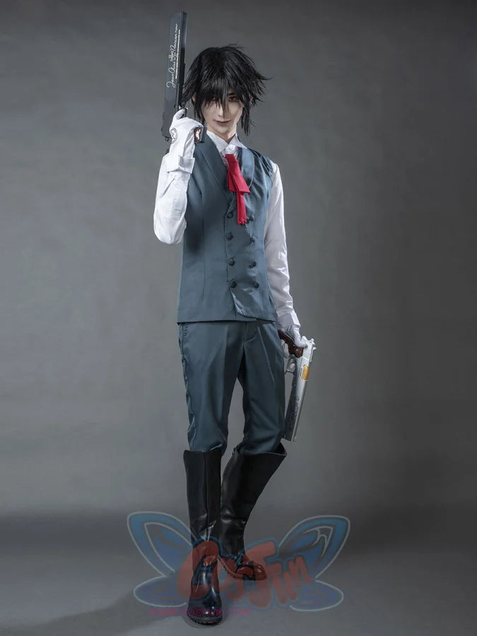 Hellsing Alucard cosplay set balances grey double-breasted vest and trousers against silver prop guns.