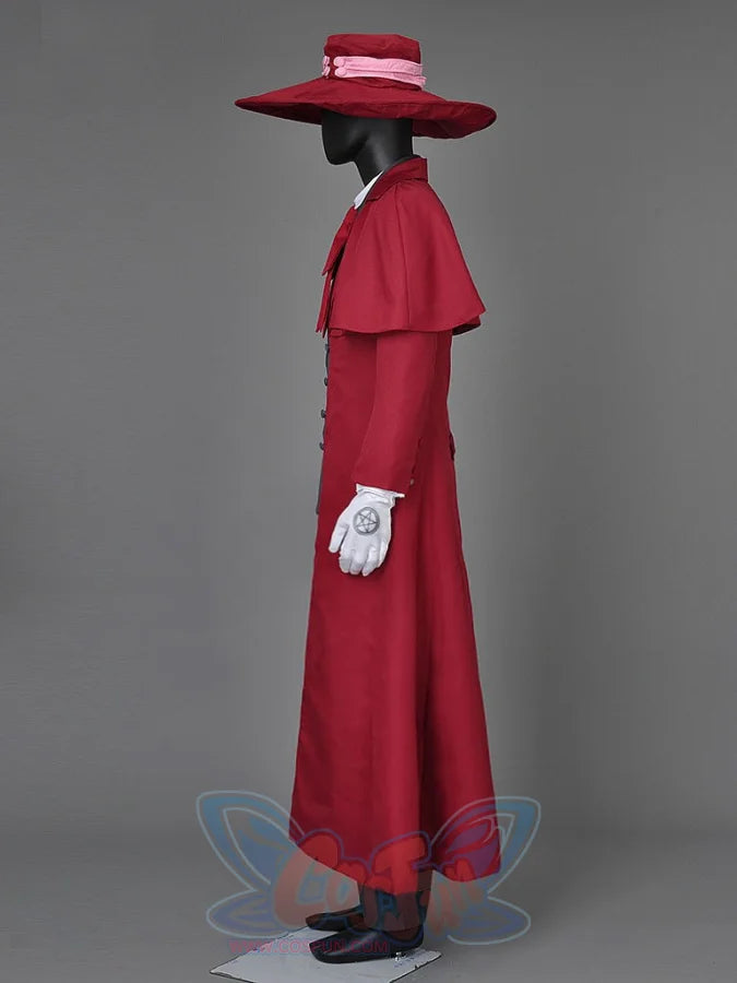 Hellsing Alucard cosplay coat drops red capelet trench beside gloved hand traced with pentagram detail.