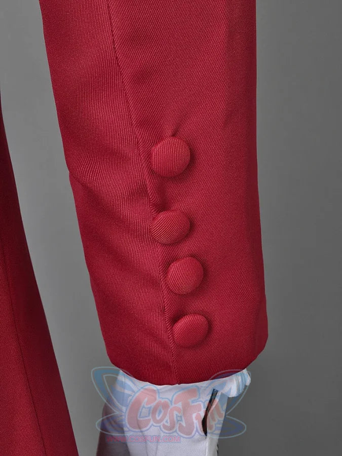 Hellsing Alucard cosplay coat cuff anchors four fabric buttons along red fabric sleeve edge.