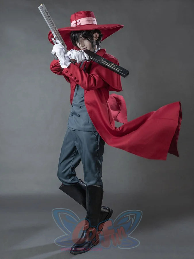 Hellsing Alucard cosplay costume layers red wide-brim hat over grey double-breasted vest and boots.