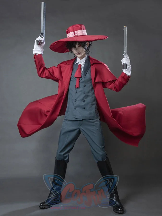 Hellsing Alucard cosplay outfit sets red duster coat over charcoal vest and pairs tall black boots.