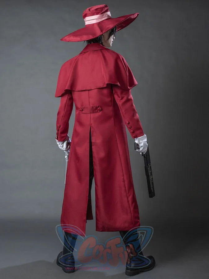 Hellsing Alucard cosplay coat frames shoulder capelet over red duster with pink-banded hat and dark boots.