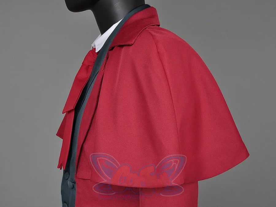 Hellsing Alucard cosplay capelet drops red short-sleeved collar piece over grey vest and white shirt.