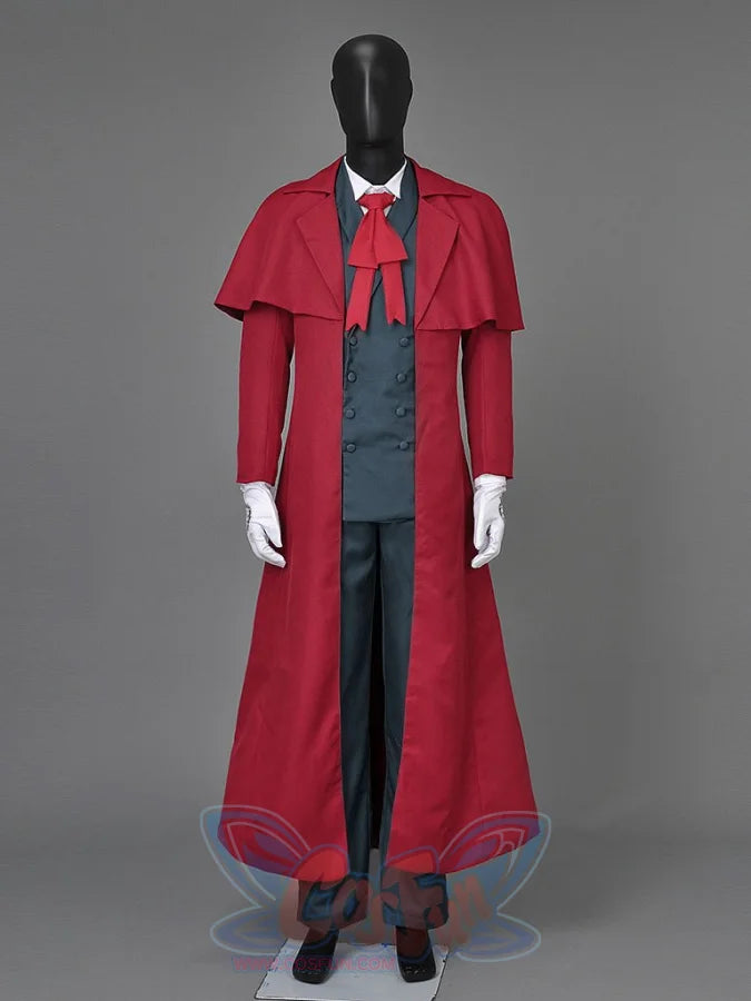 Hellsing Alucard cosplay full set centers tiered capelet coat over teal vest and matching red jabot.