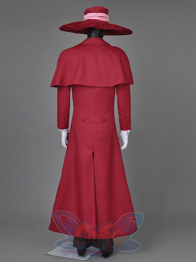 Hellsing Alucard cosplay coat gathers integrated shoulder cape at rear buttons beside red broad-brim hat.