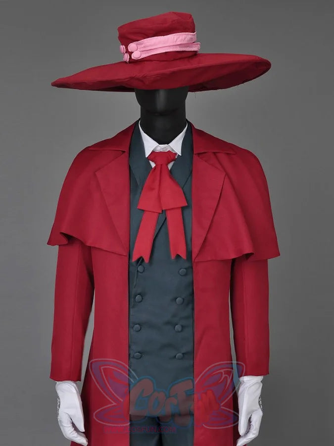 Hellsing Alucard cosplay set frames red fedora above capelet coat and white gloves over dark waistcoat.