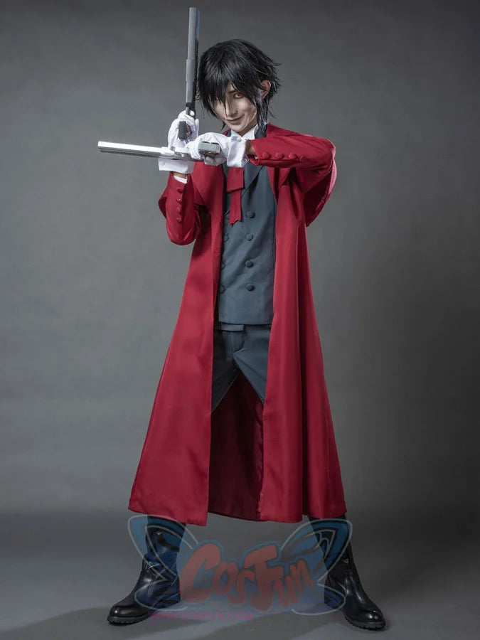 Hellsing Alucard cosplay coat drapes full-length crimson duster over dark grey waistcoat and red cravat.