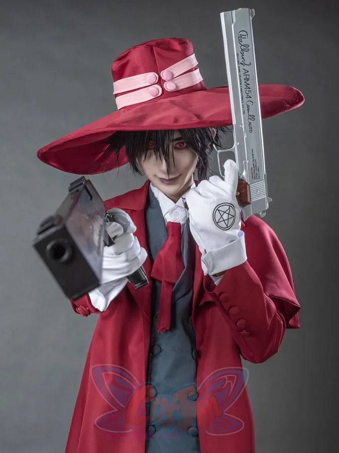Hellsing Alucard cosplay gloves center pentacle-printed white detail against red duster and grey waistcoat.