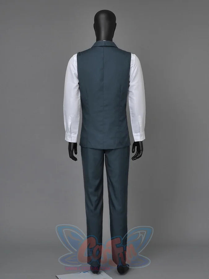 Hellsing Alucard cosplay vest traces dark blue waistcoat and matching trousers from a rear view.