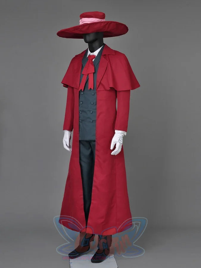 Hellsing Alucard cosplay costume traces red fedora and duster coat down to symbol-marked white gloves.