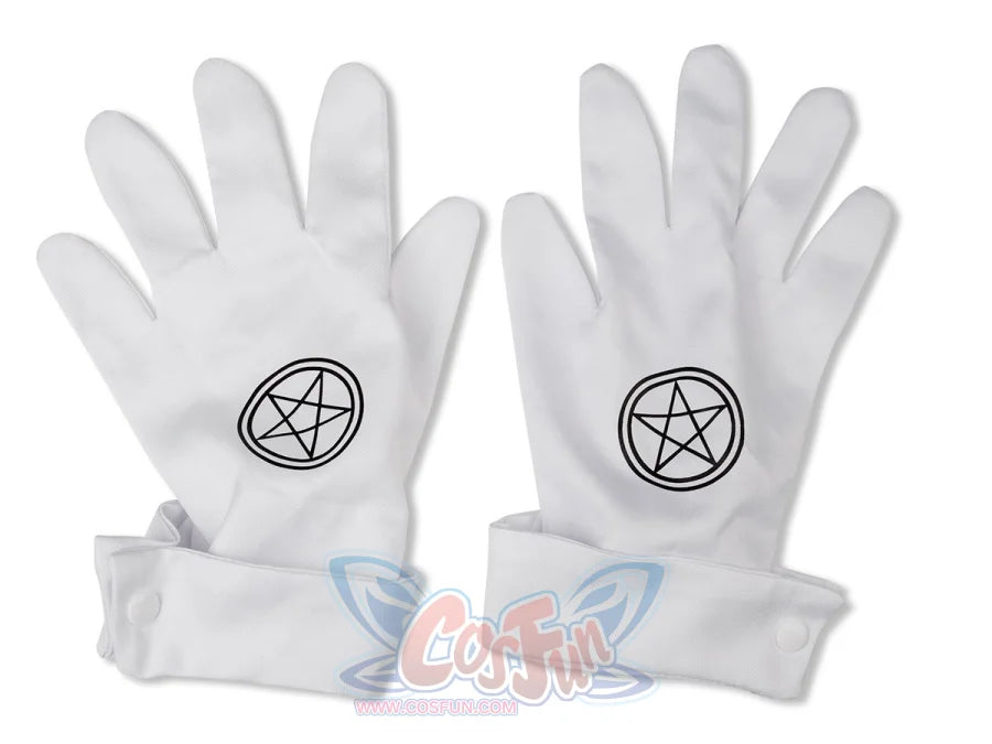 Hellsing Alucard cosplay gloves pair white cuffed fabric with black circular pentagram on each hand.