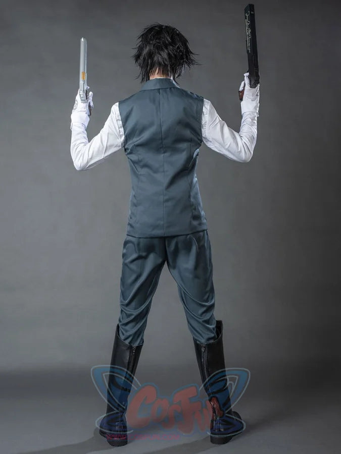 Hellsing Alucard cosplay vest pairs grey waistcoat and matching pants with black and silver prop pistols.