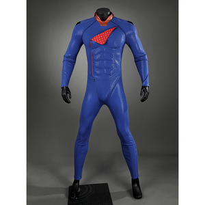 Back view of Homelander cosplay bodysuit from The Boys with blue textured fabric and center seam displayed on a mannequin