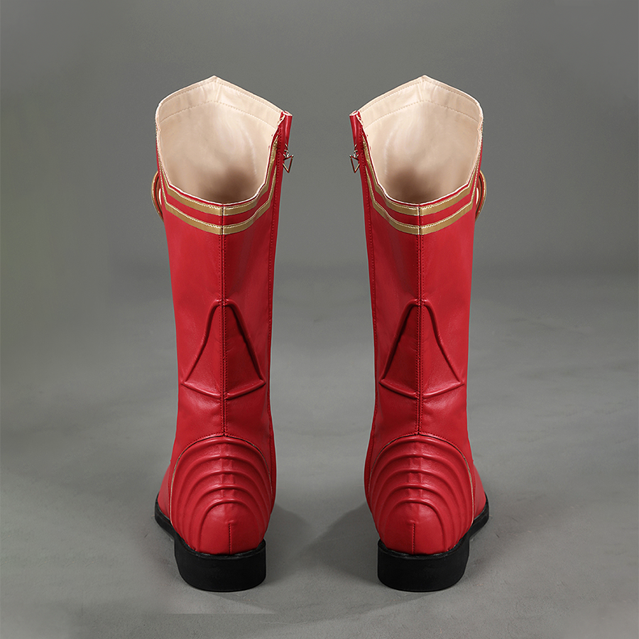 Back view of Homelander cosplay boots from the Boys with red shafts, beige interiors, gold trim, and black heels