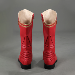 Back view of Homelander cosplay boots from the Boys with red shafts, beige interiors, gold trim, and black heels