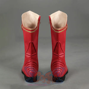 Back view of Homelander cosplay boots from the Boys with red shafts, beige interiors, gold trim, and black heels