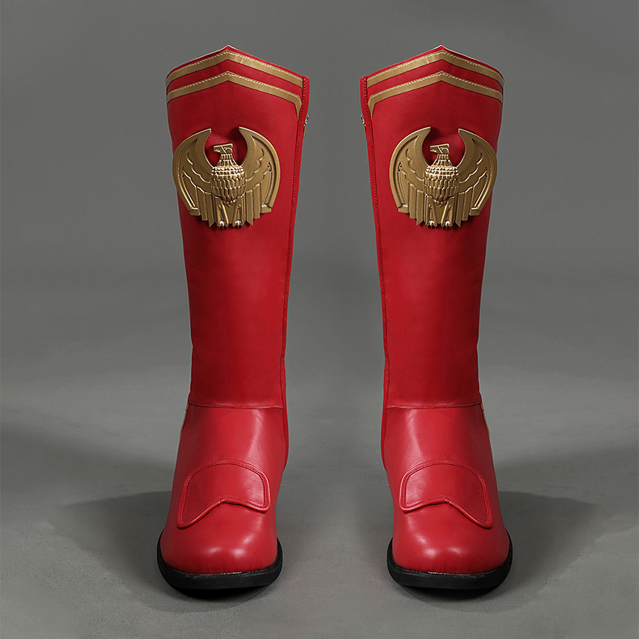 Front view of Homelander cosplay boots from the Boys with red shafts, gold eagle emblems, toe panels, and black soles