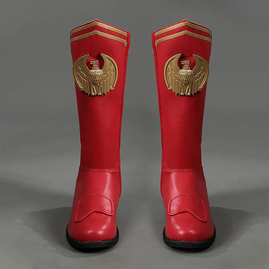 Front view of Homelander cosplay boots from the Boys with red shafts, gold eagle emblems, toe panels, and black soles