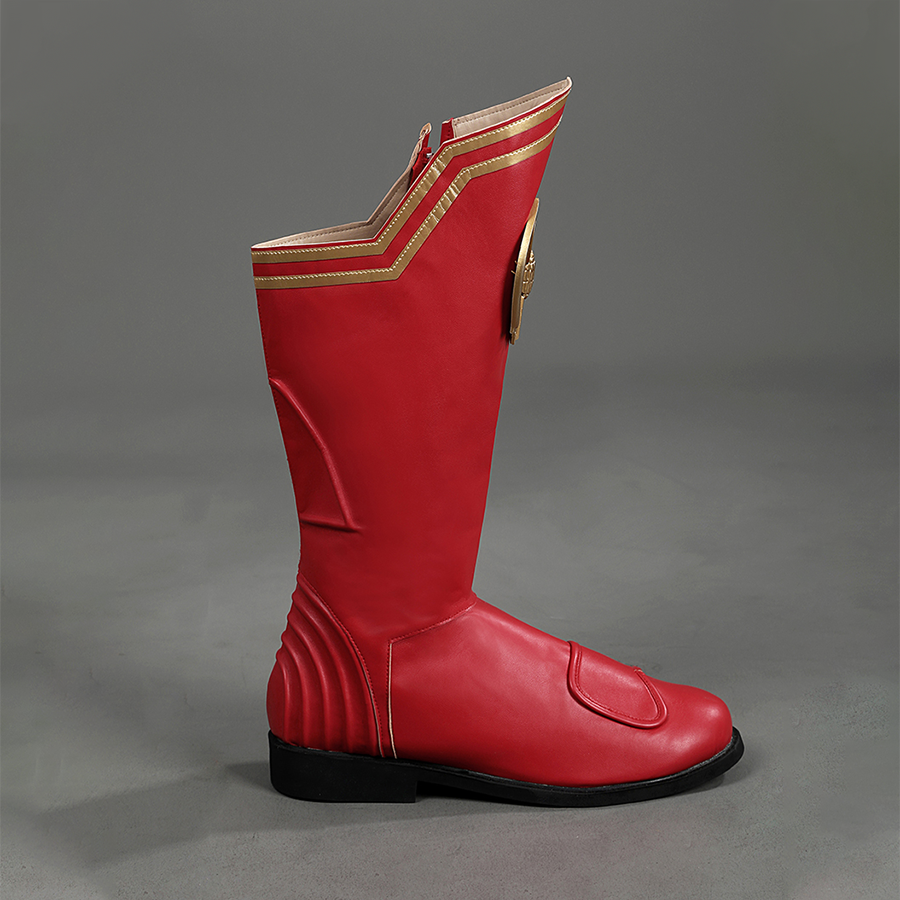 Side view of Homelander cosplay boots from the Boys with red tall shaft, gold trim, raised toe panel, and black sole