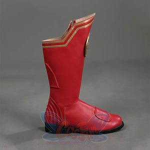 Side view of Homelander cosplay boots from the Boys with red tall shaft, gold trim, raised toe panel, and black sole