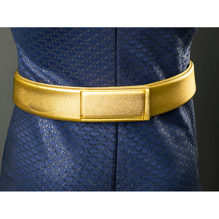 Homelander cosplay costume belt back detail sets a rectangular gold-tone panel across the jumpsuit waist.