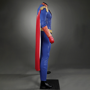 Back view of Homelander cosplay costume from The Boys with blue star cape and red and white stripes displayed on a mannequin
