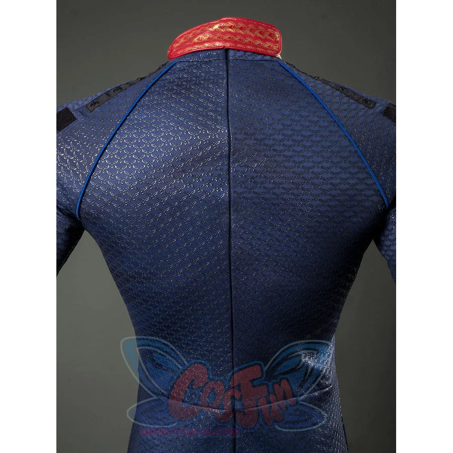 Homelander cosplay costume jumpsuit back detail tracks blue piping toward the center zipper.